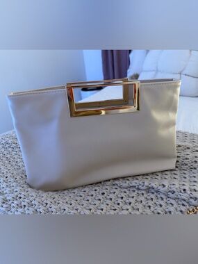 Chic Cream Wristlet Clutch with Gold Handle Accent